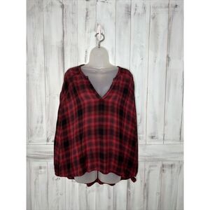 WOMENS AMERICAN EAGLE RED‎ BLACK PLAID LONG SLEEVE EMBROIDERED HI-LO SHIRT XXL